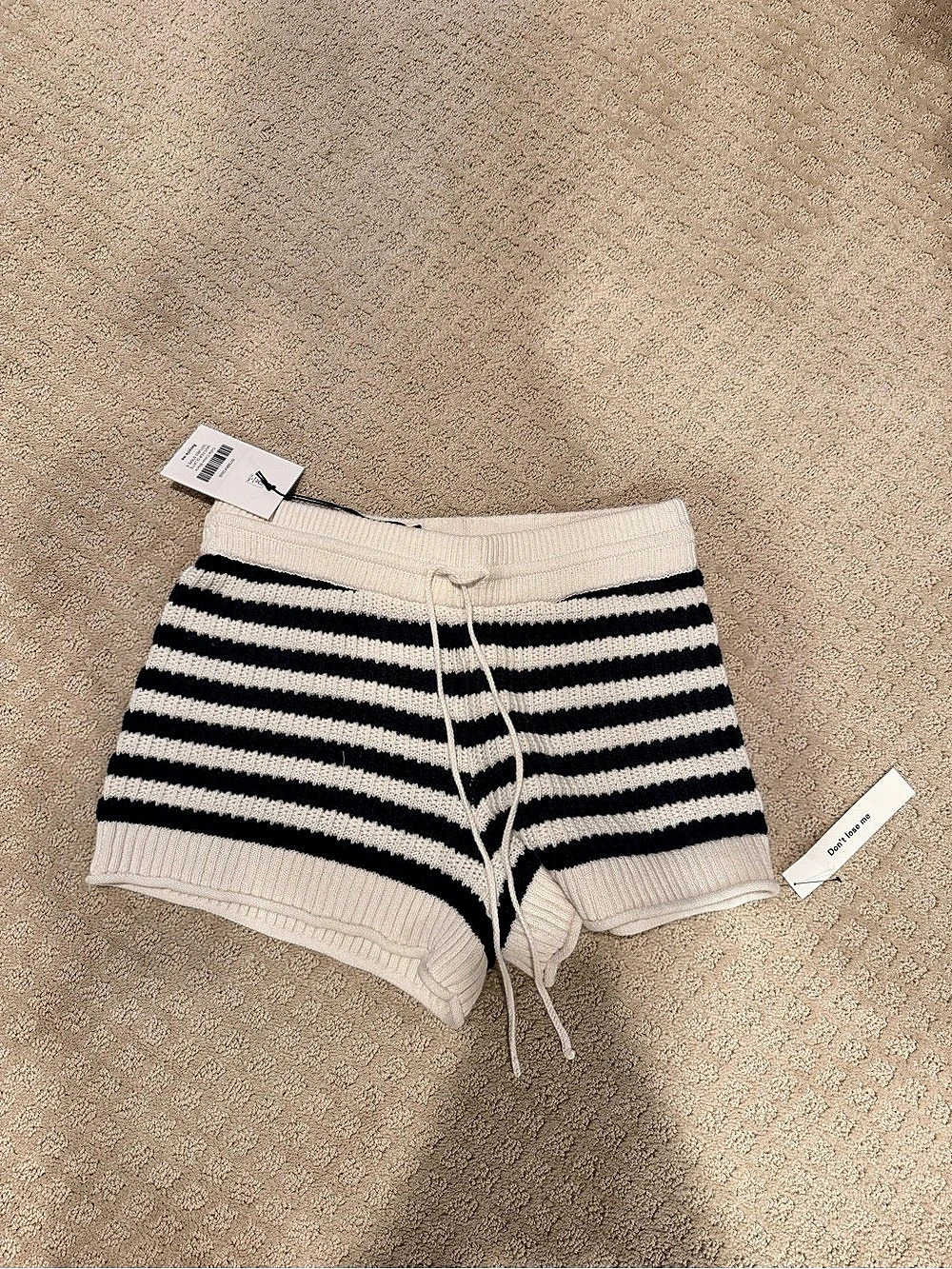 Reformation Collie Cotton Shorts: Striped Knit High-Waist Shorts White & Black